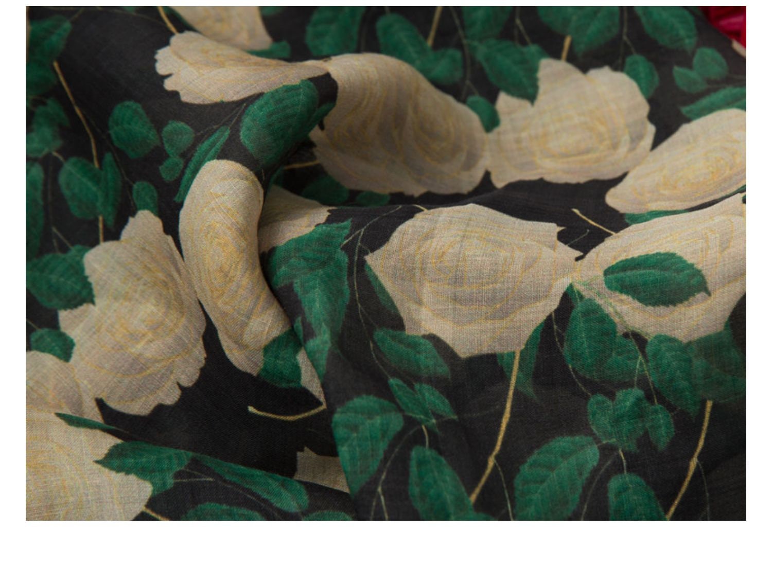 BAIMEIGUI - White Roses Digital Printing 42 Thread Count Ramie Fabric - 140cm wide by the Yard