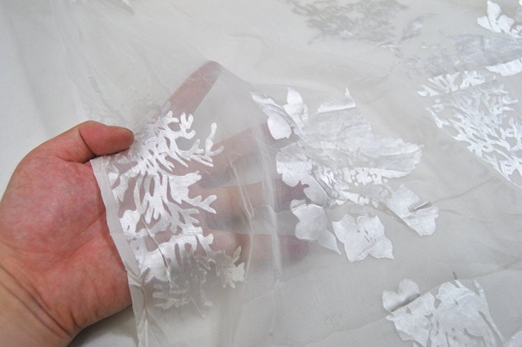 FURONG - White Flowers Sheer Burnout Silk Devore Satin Fabric - 114cm wide by the Yard