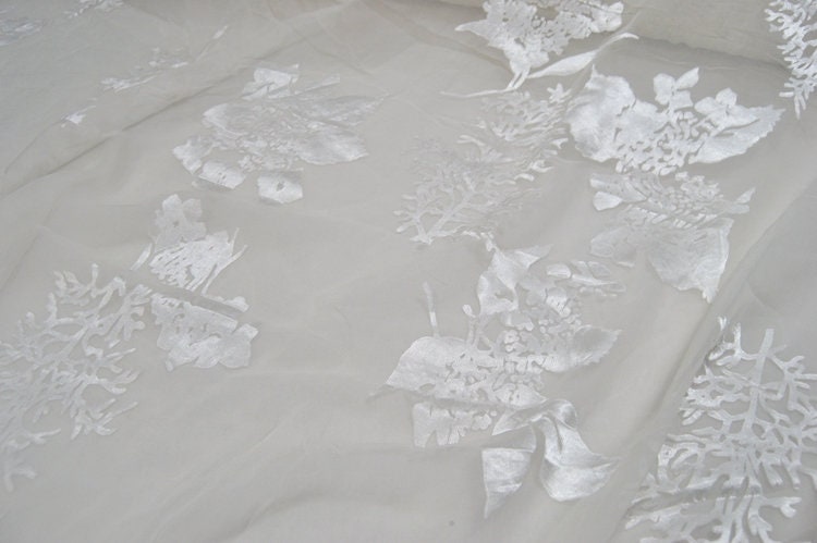 FURONG - White Flowers Sheer Burnout Silk Devore Satin Fabric - 114cm wide by the Yard