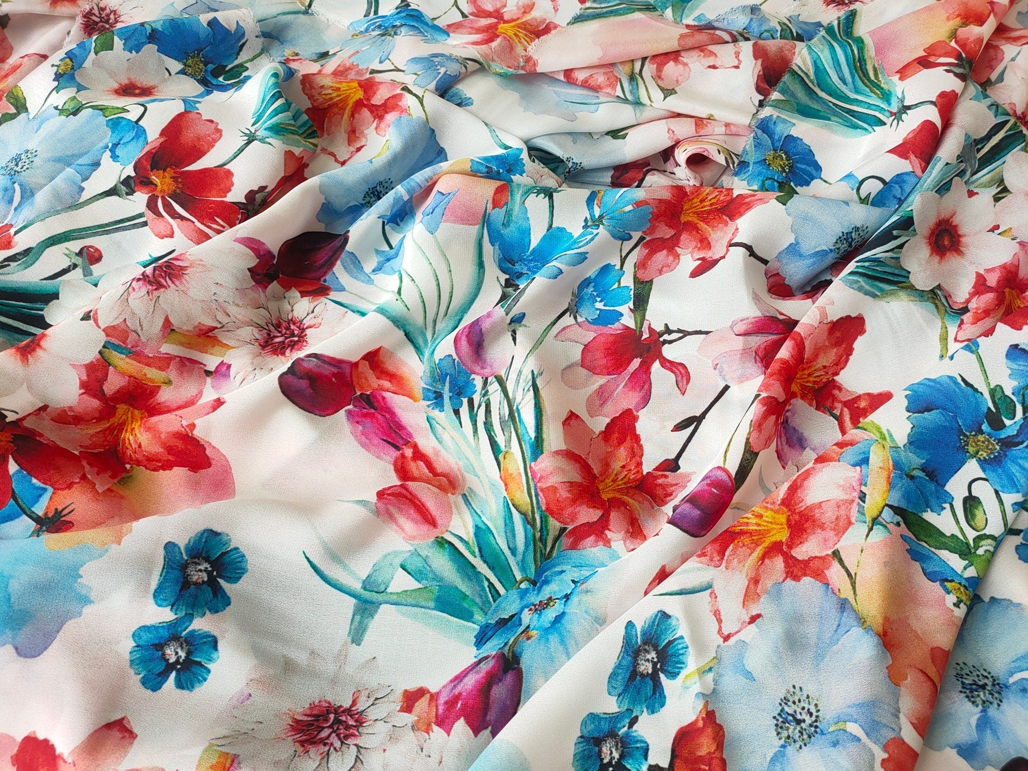 QINGXIN - 12 momme Floral Print Silk Crepe de Chine Fabric - 138cm wide by the Yard