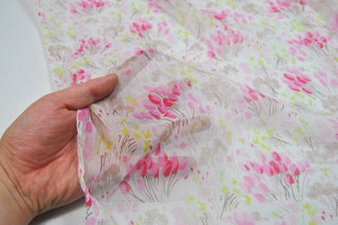 KUAILE - 6 Momme Crinkled Silk Georgette Pink Flower Print Fabric 120cm by the Yard