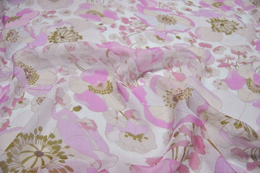 YINSU - 6 Momme Purple pink Floral Print Crinkled Silk Georgette Fabric 140cm by the Yard