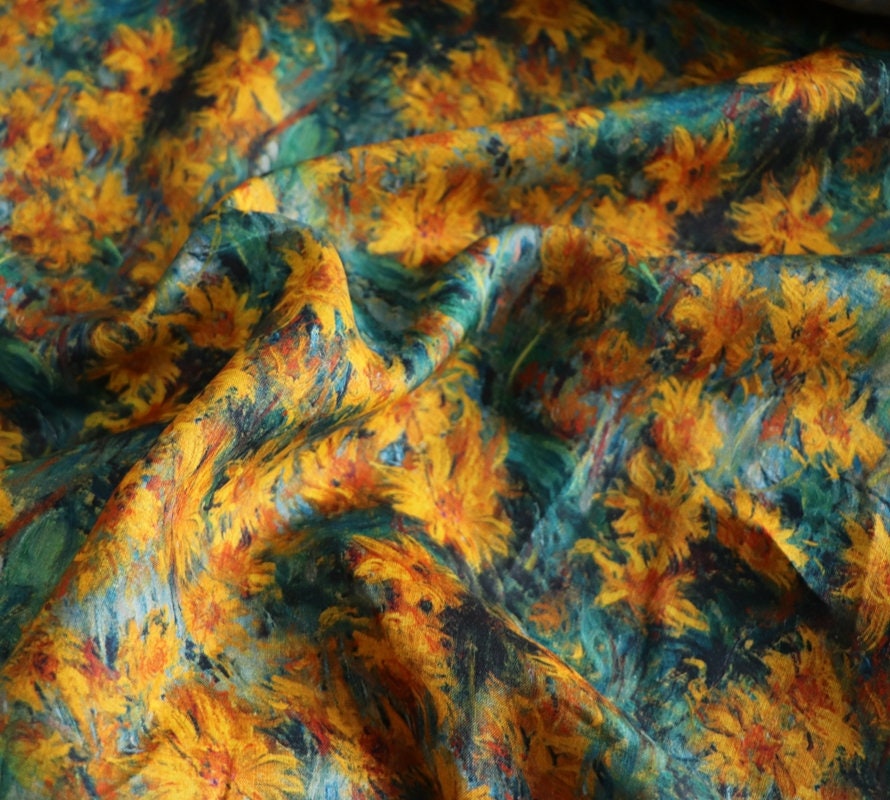 HUAYUANZHIJU - Wild Chrysanthemum Print Ramie Fabric-By the Yard