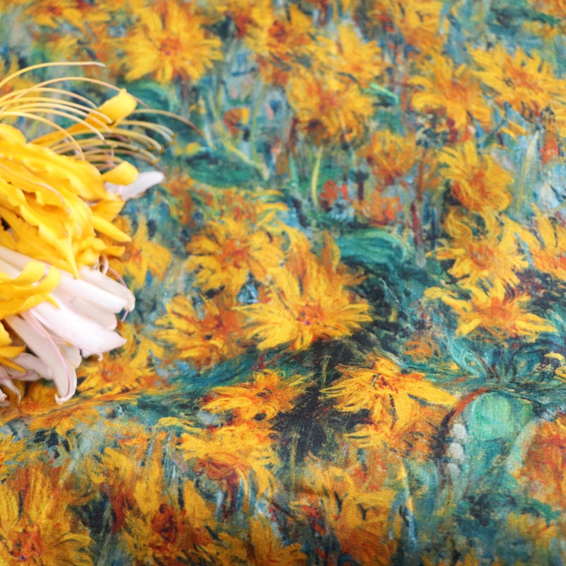 HUAYUANZHIJU - Wild Chrysanthemum Print Ramie Fabric-By the Yard