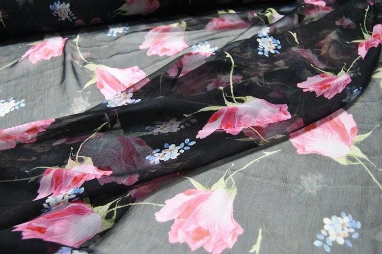 FENHUA - 6 Momme Pink Floral Print on Black Crinkled Silk Georgette Fabric 140cm by the Yard