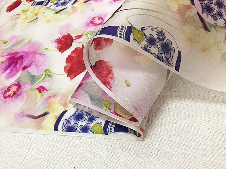 Silk Organza Satin Floral Print Fabric By the Yard