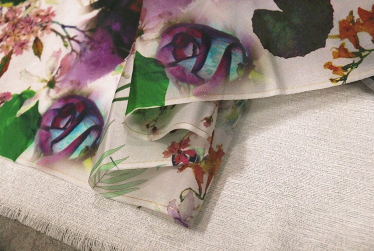 Silk Organza Satin with Floral Print Silk Fabric By the Yard