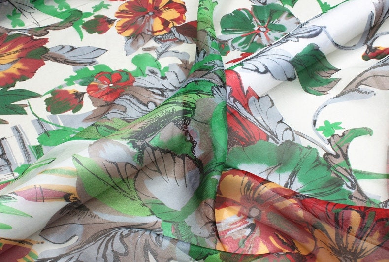 PINGOU - 6 momme Floral Print Silk Organza Fabric - 140cm wide by the Yard