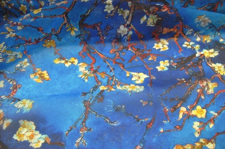XINGHUA - 8 Momme Blue Silk Organza with Floral Print Silk Fabric - 130cm wide By the Yard