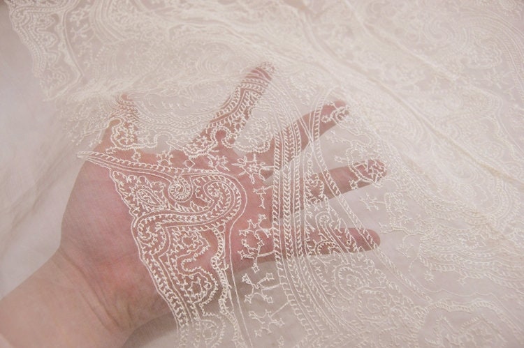 Paisley Embroidery Pink Silk Organza Fabric By the yard