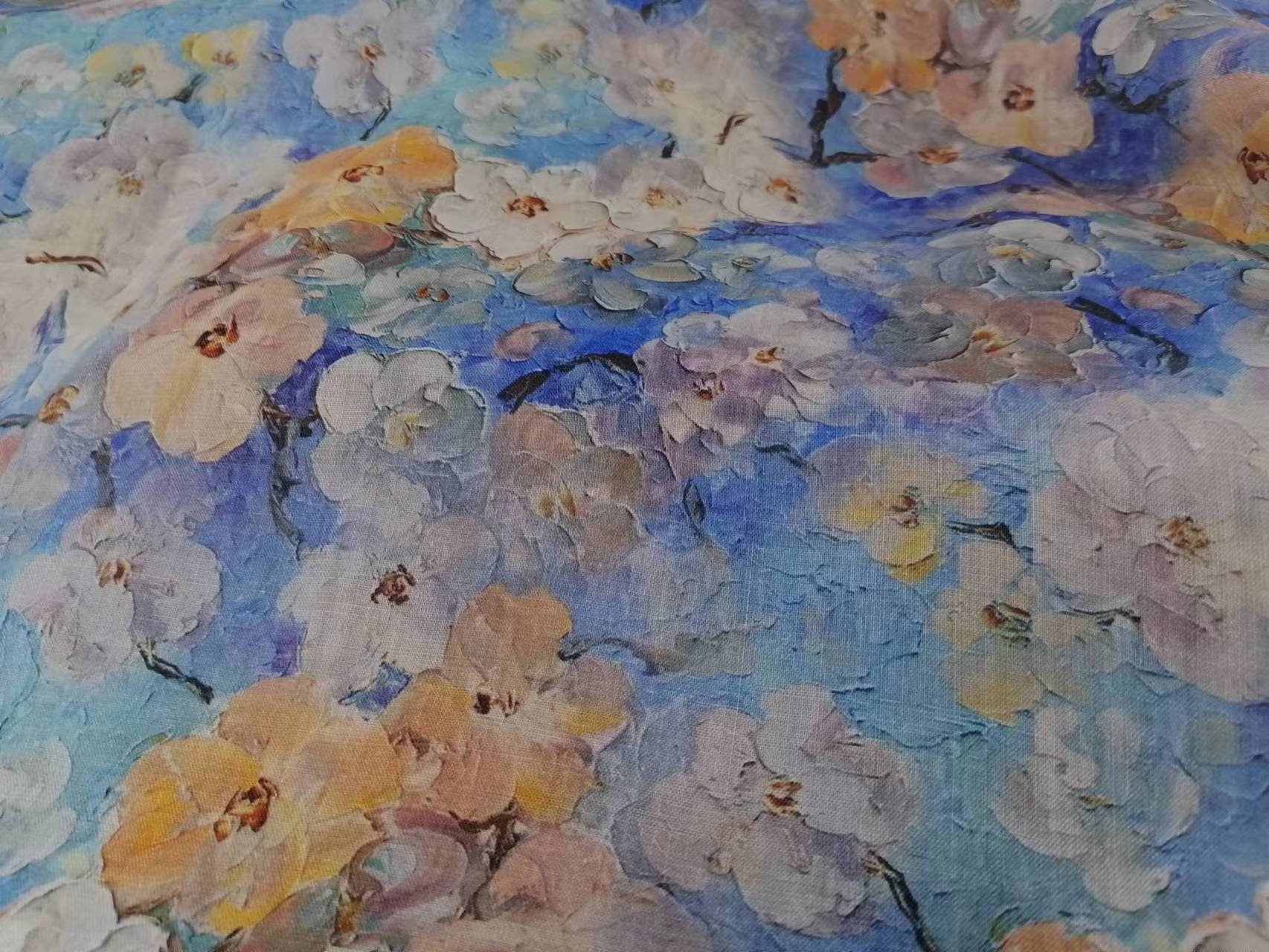 WUBANHUA - Oil Painting Style Blue Ramie Fabric - 140cm by the Yard