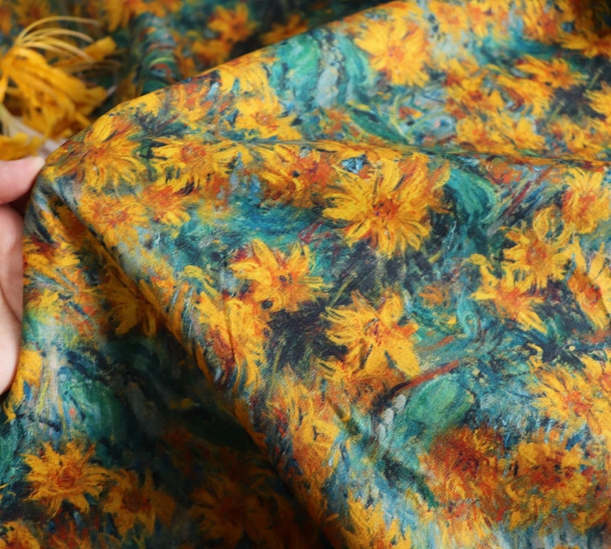 HUAYUANZHIJU - Wild Chrysanthemum Print Ramie Fabric-By the Yard