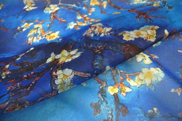 XINGHUA - 8 Momme Blue Silk Organza with Floral Print Silk Fabric - 130cm wide By the Yard