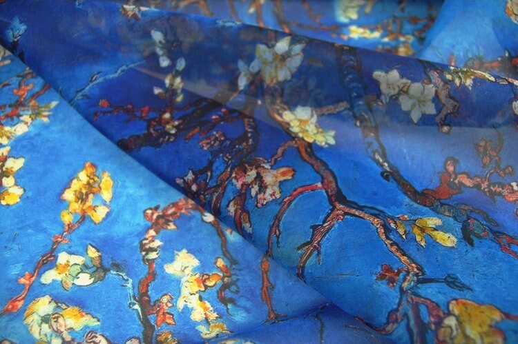 XINGHUA - 8 Momme Blue Silk Organza with Floral Print Silk Fabric - 130cm wide By the Yard