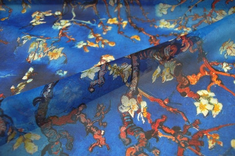 XINGHUA - 8 Momme Blue Silk Organza with Floral Print Silk Fabric - 130cm wide By the Yard