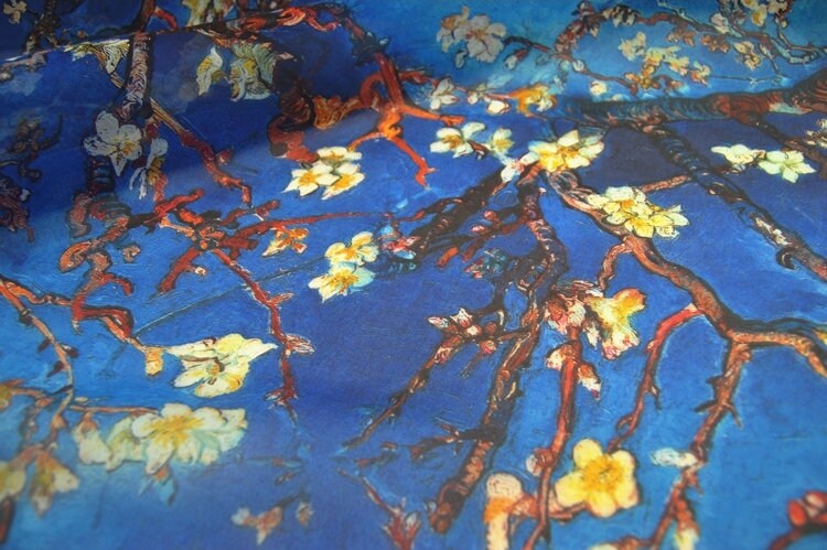 XINGHUA - 8 Momme Blue Silk Organza with Floral Print Silk Fabric - 130cm wide By the Yard