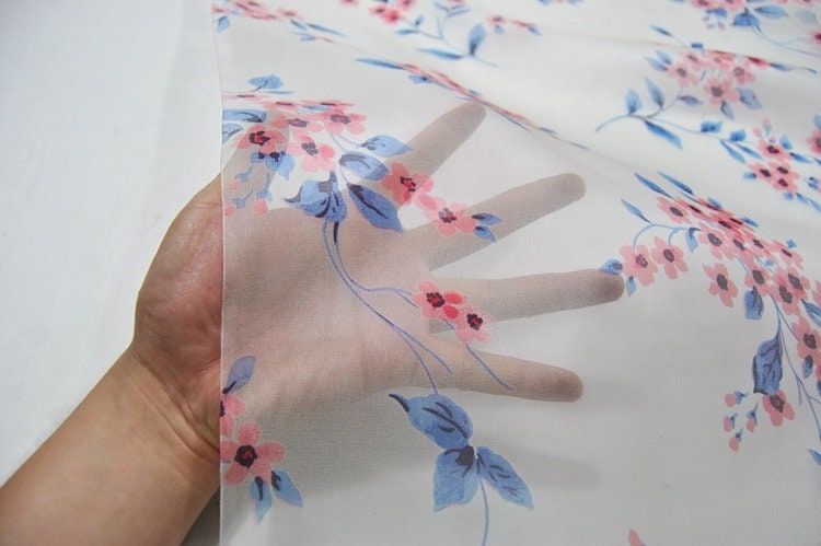 White Silk Organza Floral Print Silk Fabric By the Yard