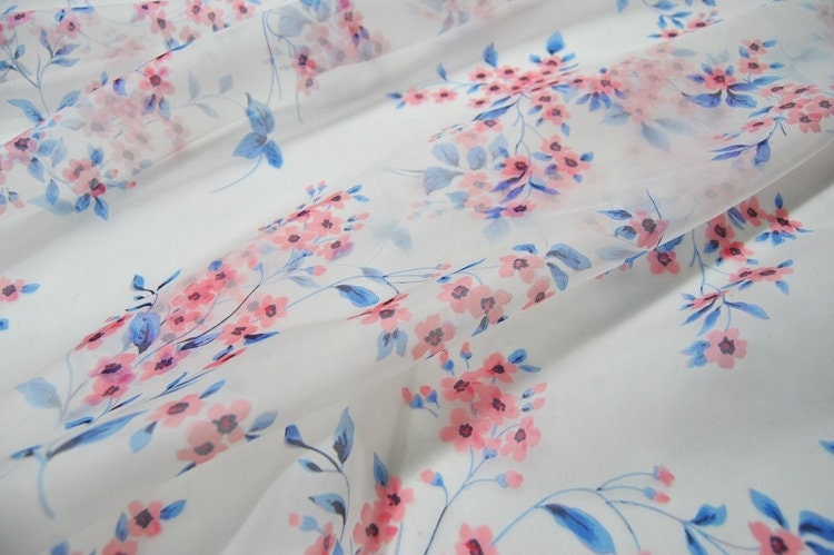 White Silk Organza Floral Print Silk Fabric By the Yard