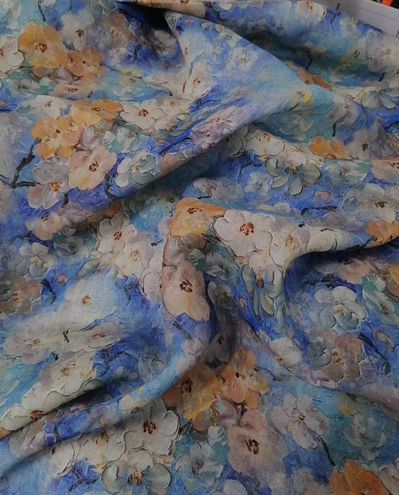WUBANHUA - Oil Painting Style Blue Ramie Fabric - 140cm by the Yard