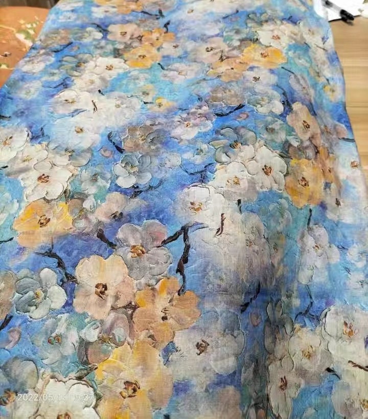 WUBANHUA - Oil Painting Style Blue Ramie Fabric - 140cm by the Yard