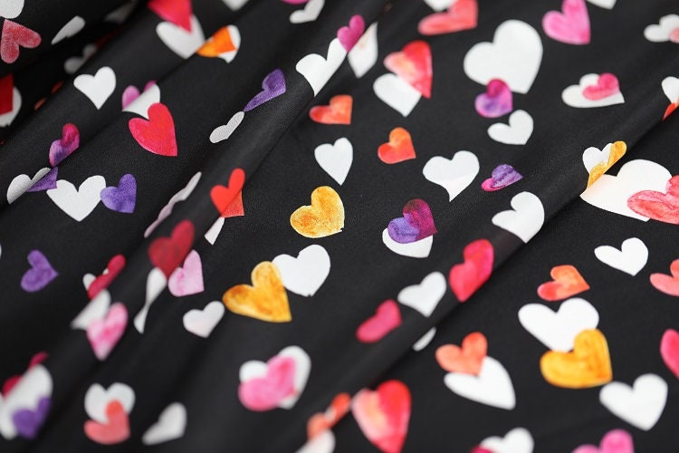CAIXING - 12 momme Colorful Heart Print Silk Crepe de Chine Fabric - 135cm wide by the Yard