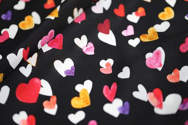 CAIXING - 12 momme Colorful Heart Print Silk Crepe de Chine Fabric - 135cm wide by the Yard