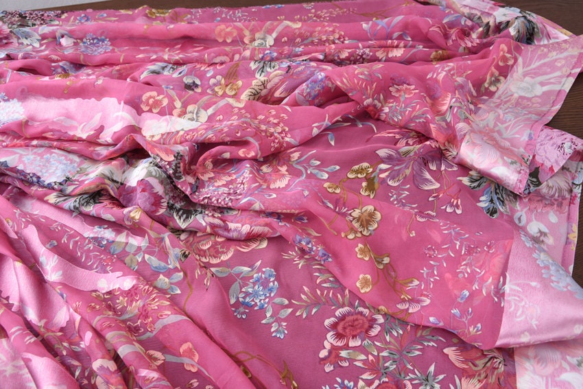 ROUFEN - Pink Floral Print Sheer Burnout Silk Devore Satin Fabric - 114cm wide by the Yard