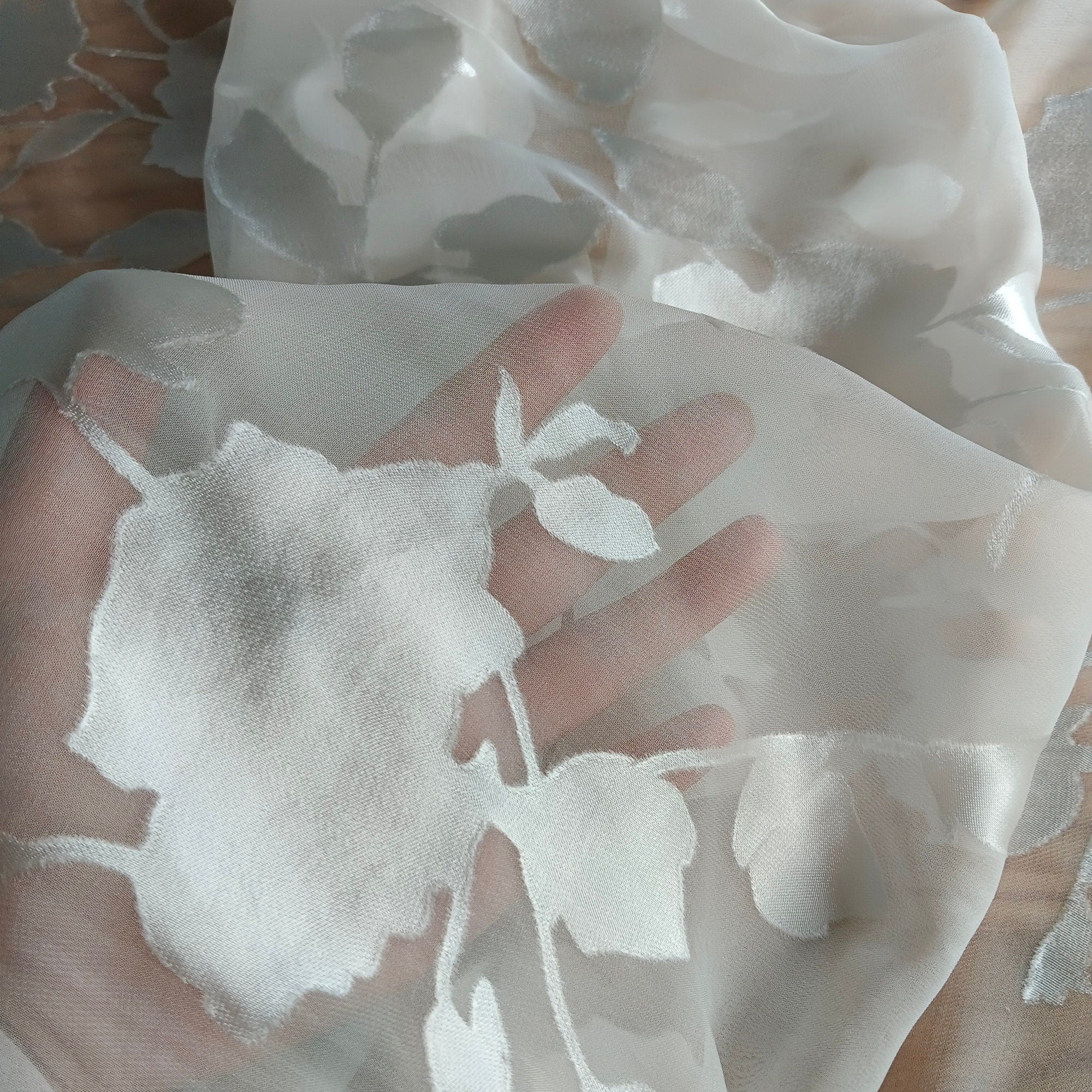 12 Momme White Flowers Sheer Burnout Silk Devore Satin Fabric - 114cm wide by the Yard