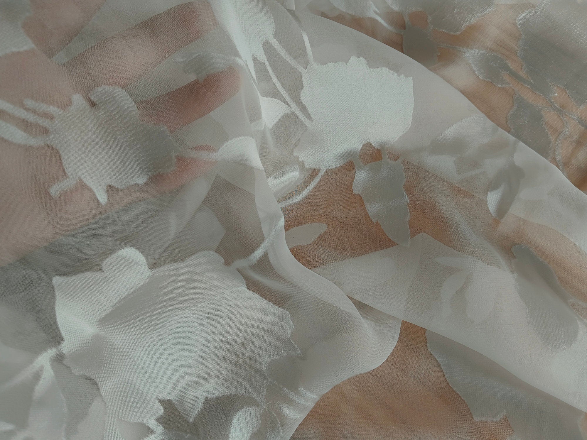 12 Momme White Flowers Sheer Burnout Silk Devore Satin Fabric - 114cm wide by the Yard