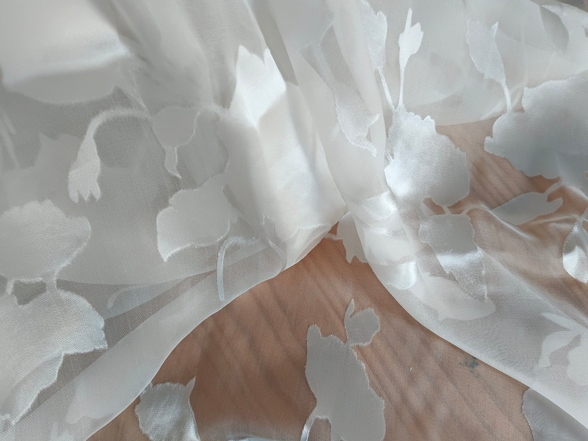 12 Momme White Flowers Sheer Burnout Silk Devore Satin Fabric - 114cm wide by the Yard