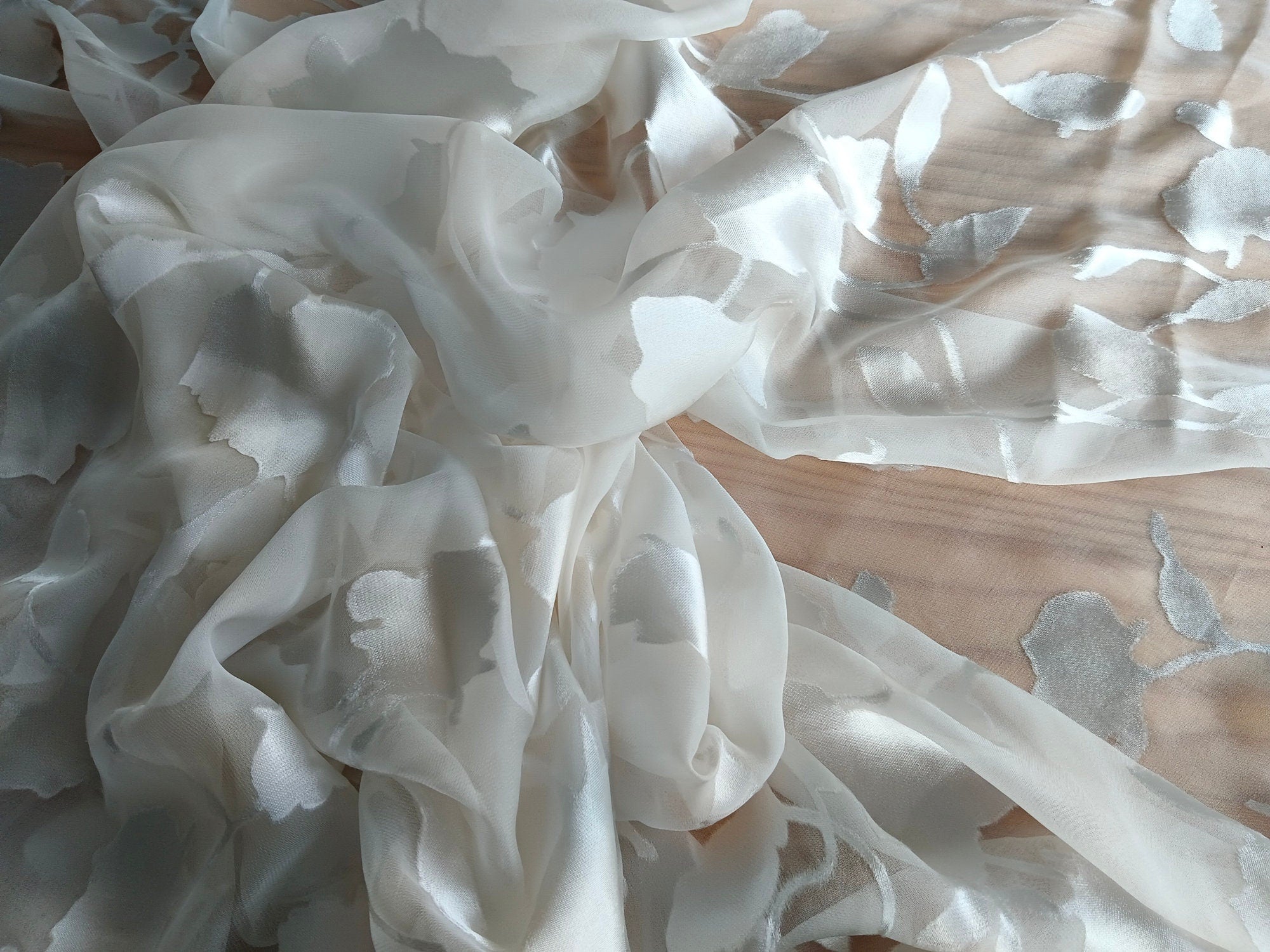 12 Momme White Flowers Sheer Burnout Silk Devore Satin Fabric - 114cm wide by the Yard