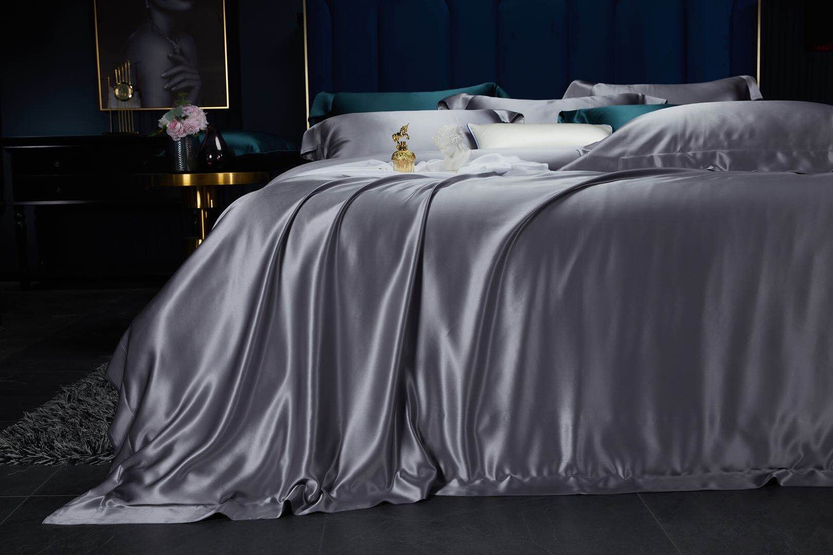 BLUISH GRAY - 30 Momme Mulberry Silk Bedding, Silk Duvet Cover, Silk Fitted Sheet, Silk Flat Sheet, Silk Pillowcase, 100% SILK