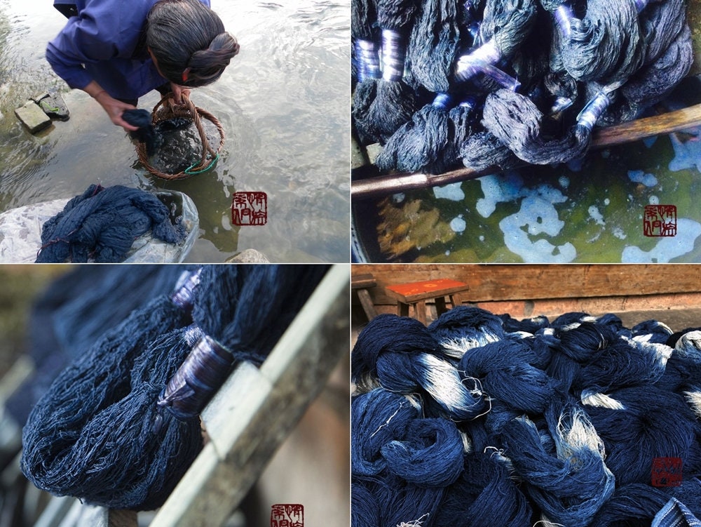 INTIAOWEN - Natural Indigo dyes Hand Woven Pinstripes Cotton Fabric-By the Yard