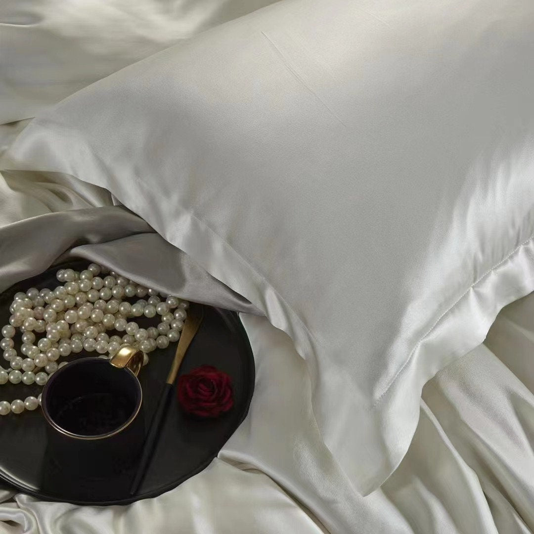 SNOW WHITE - 30 Momme Mulberry Silk Bedding, Silk Duvet Cover, Silk Fitted Sheet, Silk Flat Sheet, Silk Pillowcase, 100% SILK