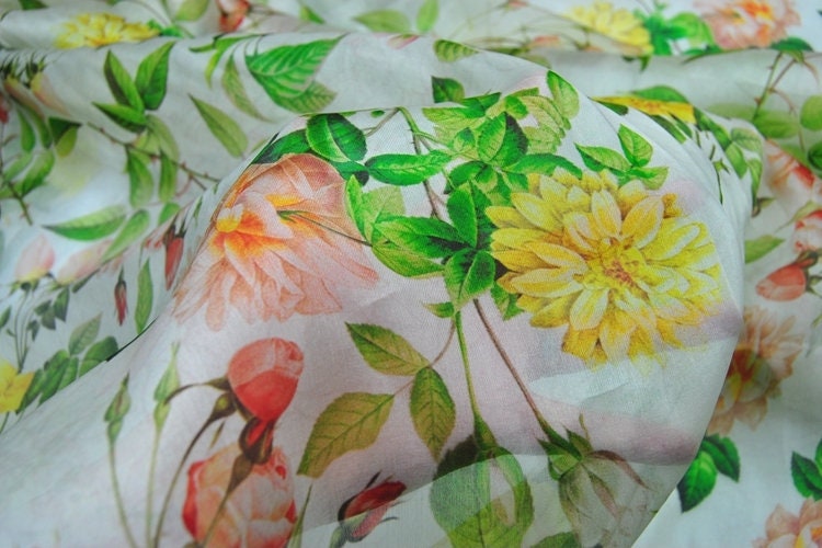 WANHUA - Floral Print Silk Organza Satin Fabric - By the Yard