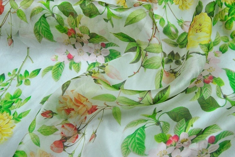 WANHUA - Floral Print Silk Organza Satin Fabric - By the Yard