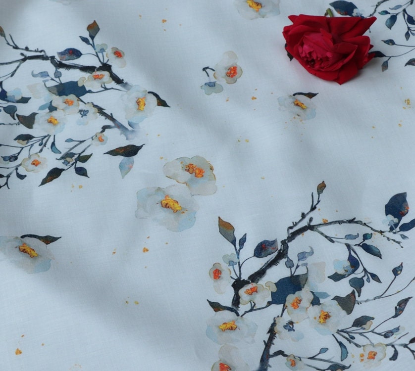 CHAHUABAI - White Camellia Print Ramie Fabric- 140cm wide by the Yard