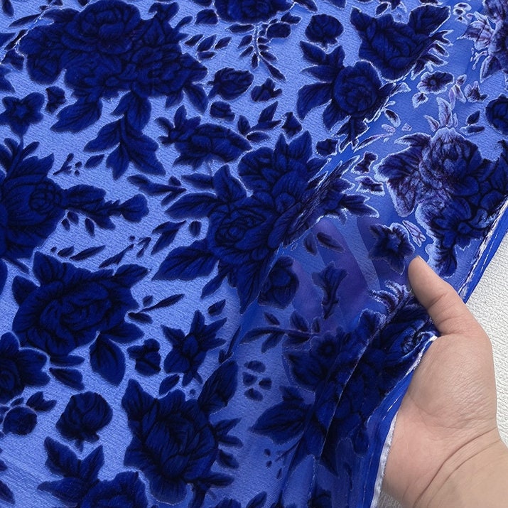 DILAN - Blue Peony Sheer Burnout Silk Velvet Fabric - 114cm wide by the Yard