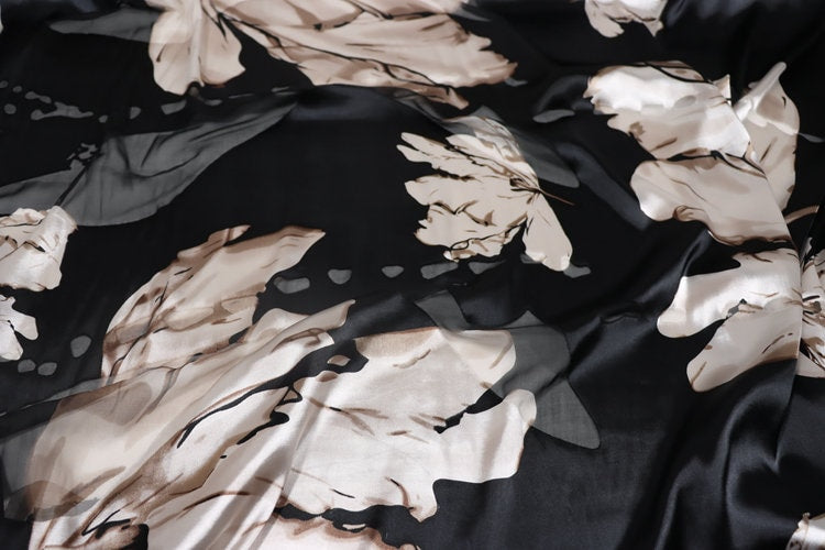HERONG - Flowers Sheer Burnout Silk Devore Satin Fabric - 140cm wide by the Yard