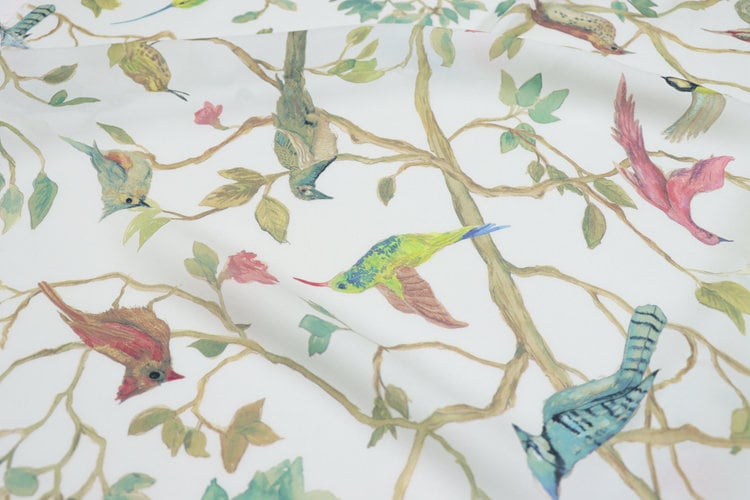 ZTNIAO - 14 Momme Floral Bird Print Double Joe Silk Fabric - 114cm wide by the Yard