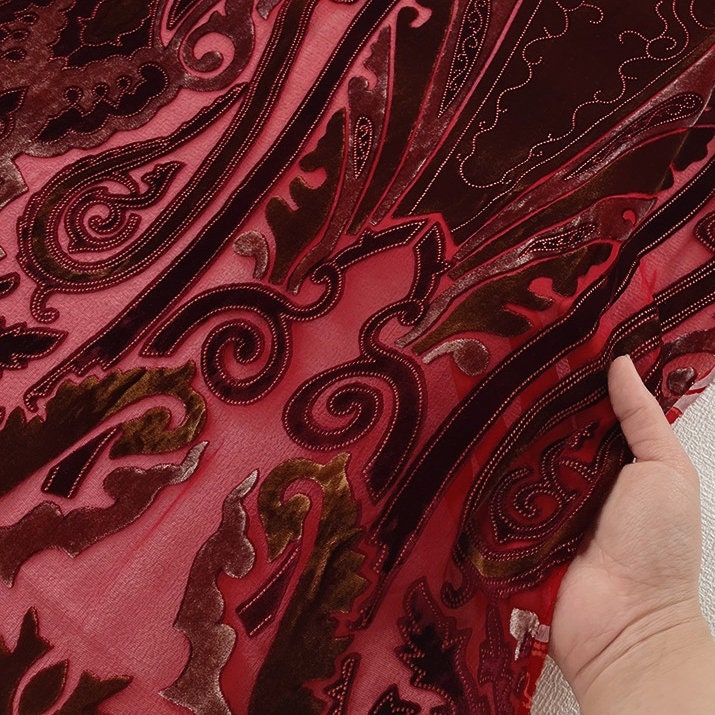 FEITIAN - Brown Burn-out Silk Velvet in Semi Sheer Fabric - 114cm wide by the Yard