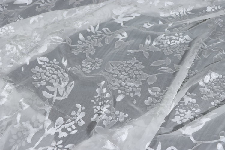 BXIUQIU - Flowers Sheer Burnout Silk Devore Satin Fabric - 140cm wide by the Yard