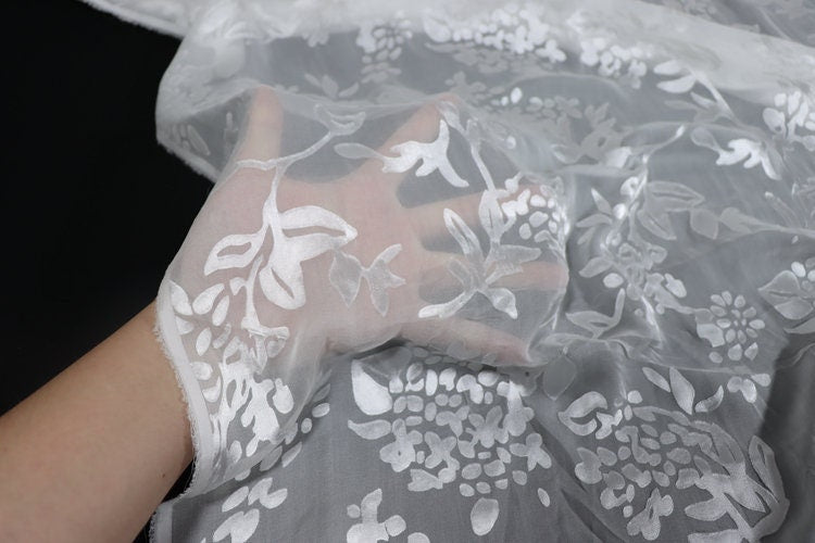 BXIUQIU - Flowers Sheer Burnout Silk Devore Satin Fabric - 140cm wide by the Yard