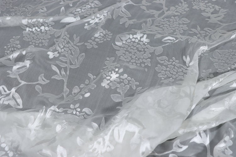 BXIUQIU - Flowers Sheer Burnout Silk Devore Satin Fabric - 140cm wide by the Yard