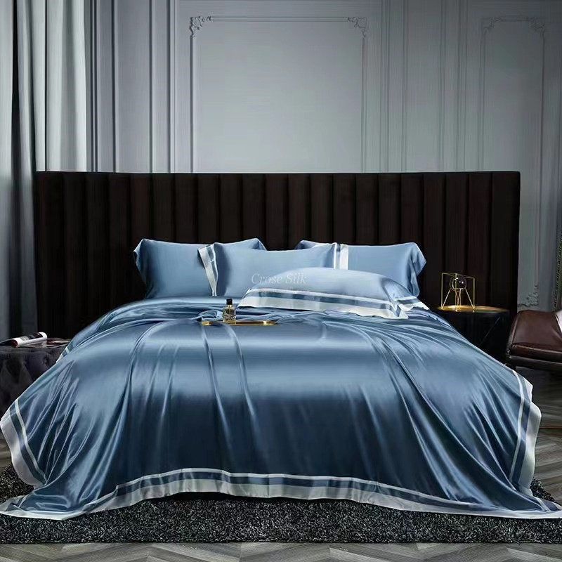 DUSTY BLUE   - 25 Momme Flying Edge Purfle Silk Bedding Set 4pcs