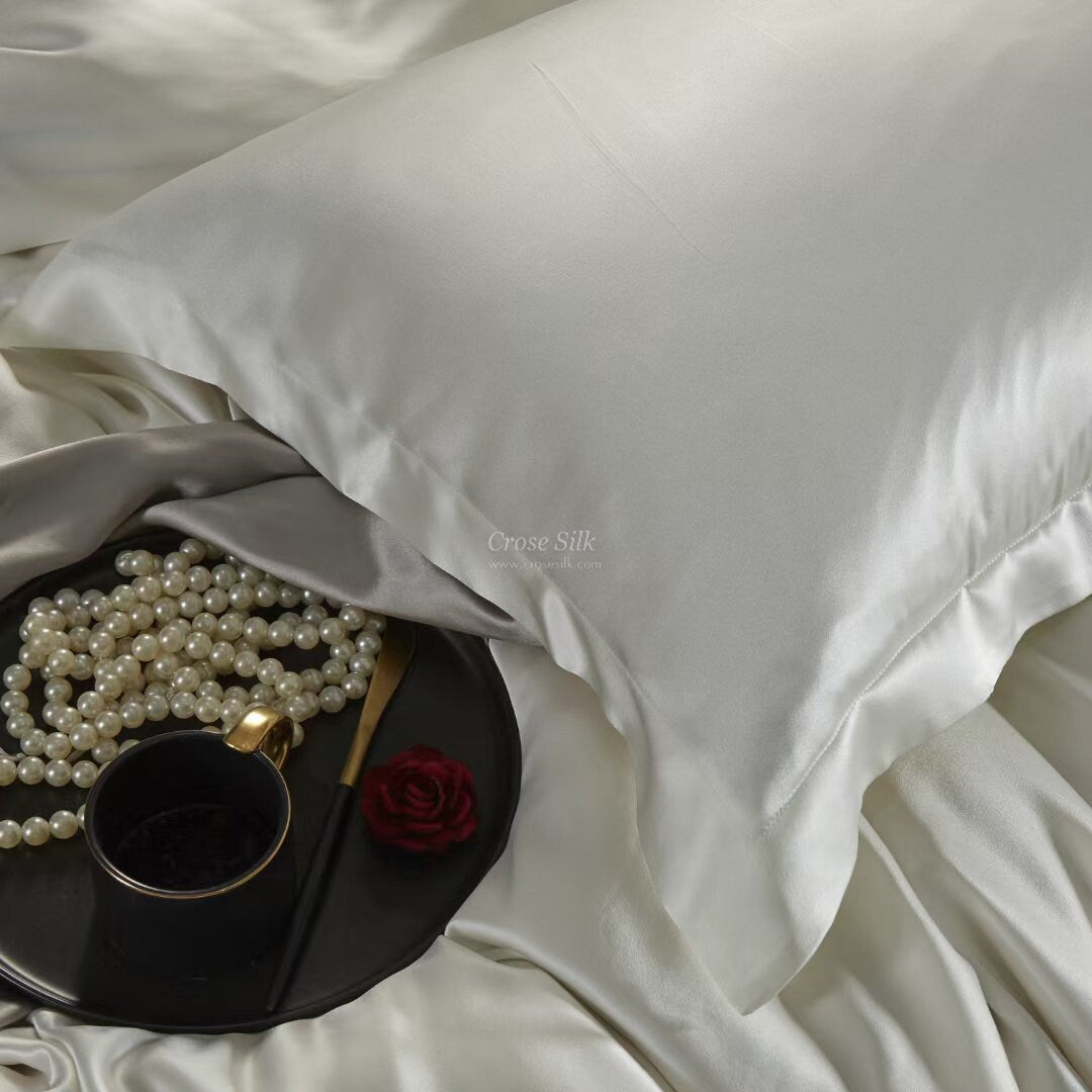 PEARL WHITE - 30 Momme Mulberry Silk Bedding, Silk Duvet Cover, Silk Fitted Sheet, Silk Flat Sheet, Silk Pillowcase, 100% SILK
