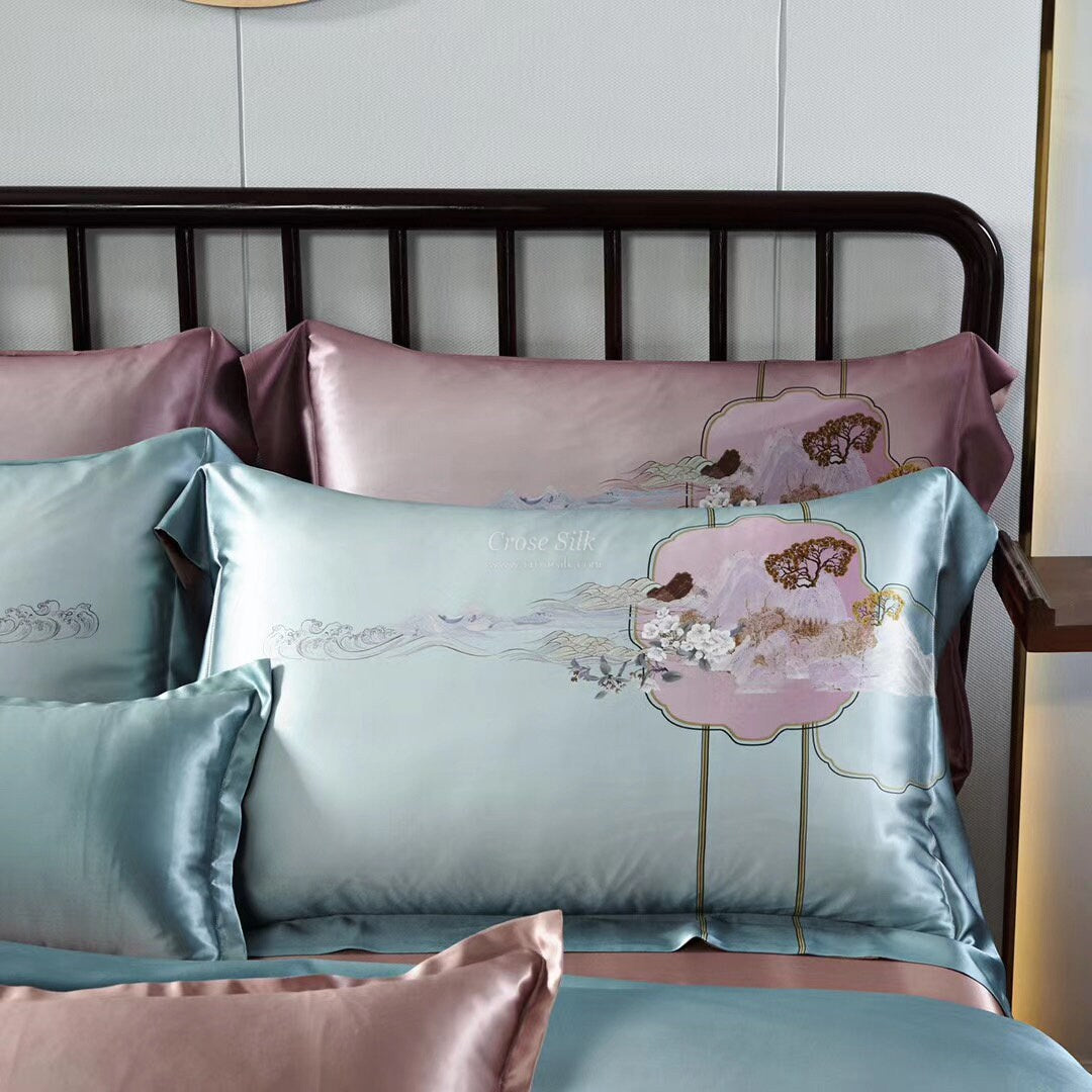 SCENERY BLUE - 25 Momme Mulberry Silk Bedding,Silk Duvet Cover, Silk Fitted Sheet, Silk Flat Sheet, Silk Pillowcase, 100% SILK