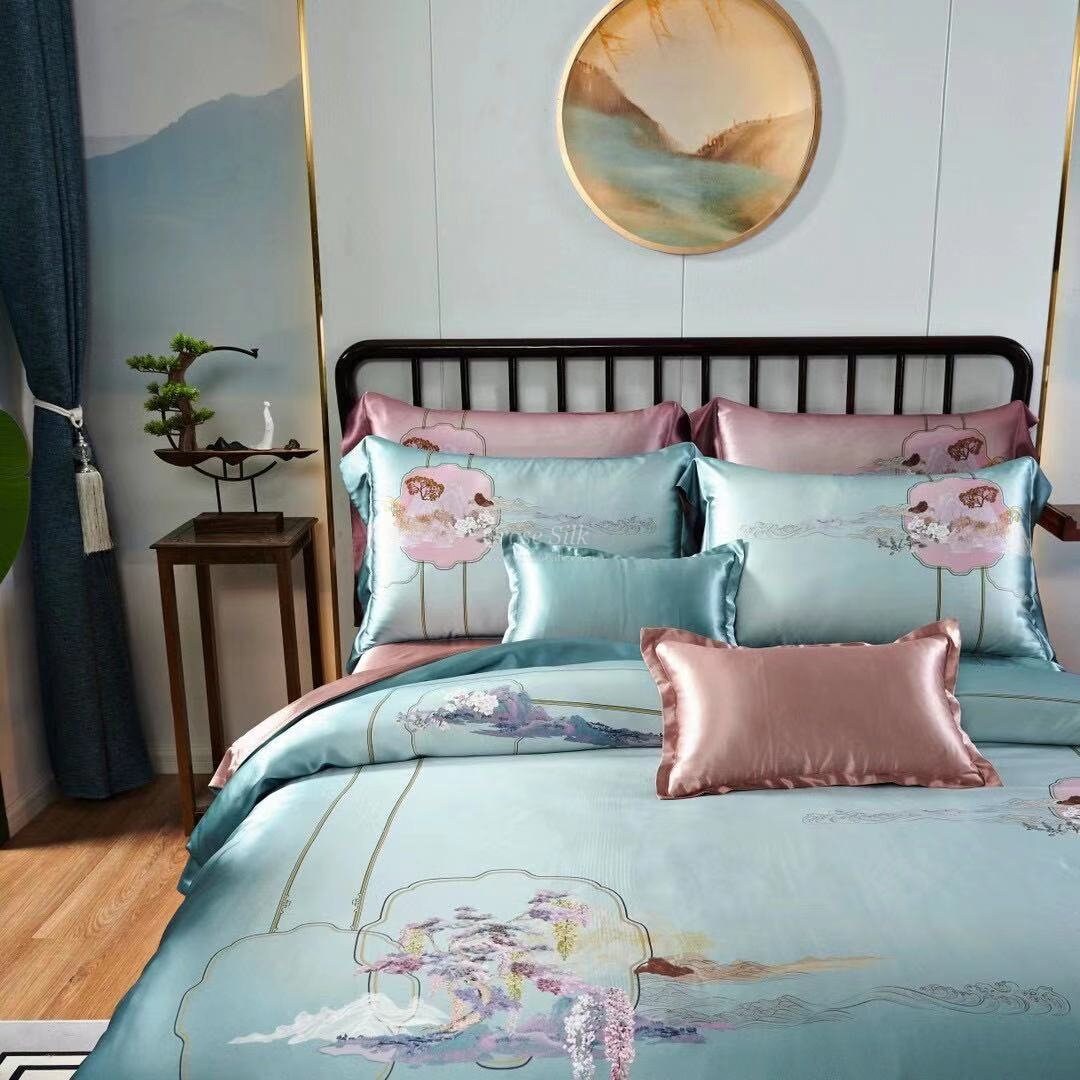 SCENERY BLUE - 25 Momme Mulberry Silk Bedding,Silk Duvet Cover, Silk Fitted Sheet, Silk Flat Sheet, Silk Pillowcase, 100% SILK