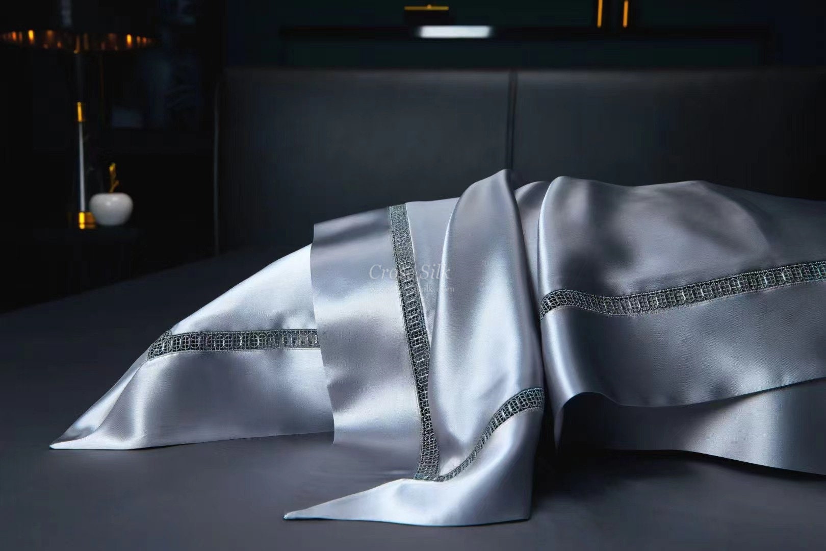 GRAY BLUE- 30 momme Lace Silk bedding Set 4pcs - 1x Duvet Cover, 1x Sheet, 2x Pillowcases, 100% SILK