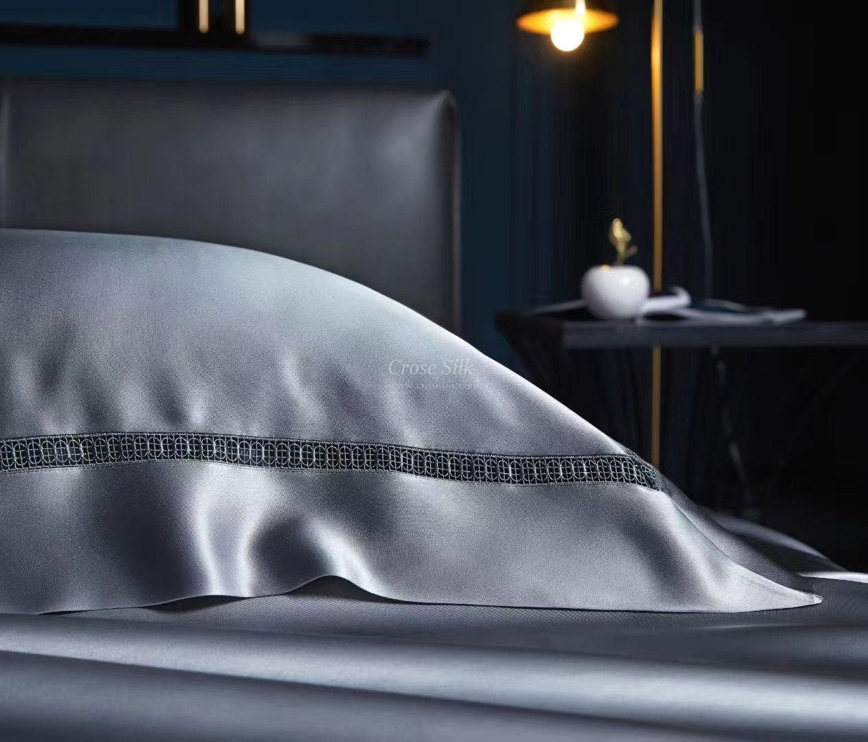 GRAY BLUE- 30 momme Lace Silk bedding Set 4pcs - 1x Duvet Cover, 1x Sheet, 2x Pillowcases, 100% SILK